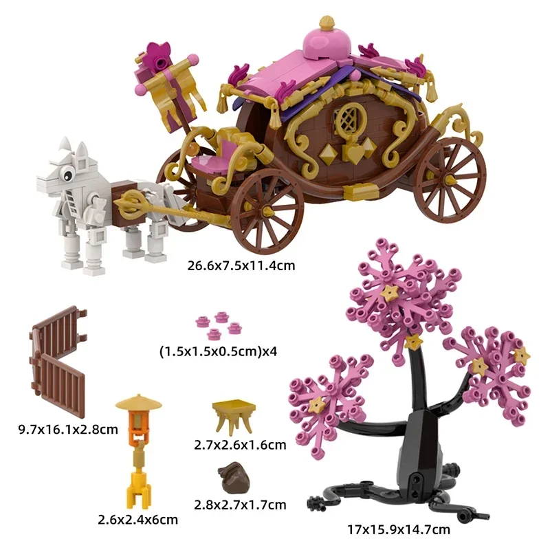 MOC Carrozza di fiori di ciliegio Blocchi di costruzione Albero di ciliegio rosa Scena romantica da favola Modello di assemblaggio Regalo di compleanno Giocattolo per bambini