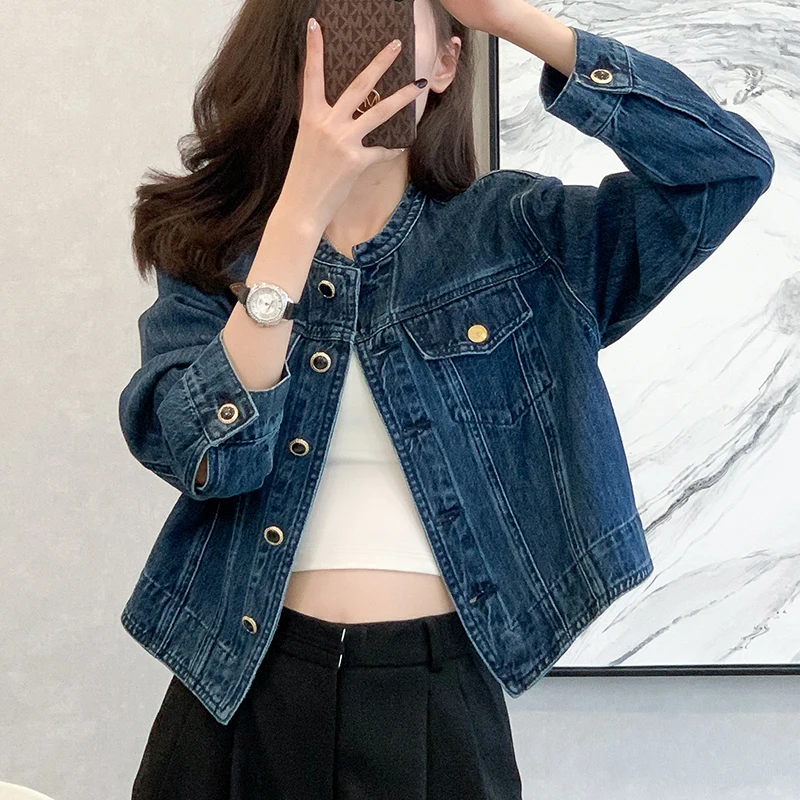 Vintage Women's O-Neck Denim Jacket Cropped Denim Jacket Long Sleeve Basic Single-Breasted Crop Jean Jacket Y2K Casual Coat Girl