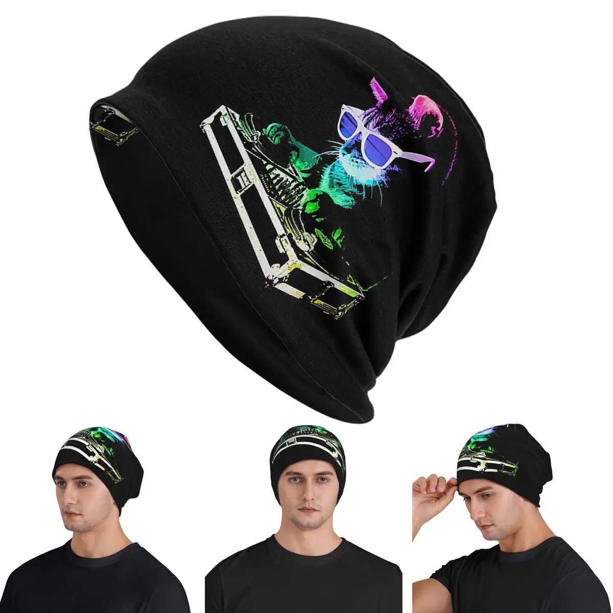 

House Cat Rainbow Dj Kitty Skullies Beanies Hats Warm Autumn Winter Outdoor Cap Knitted Bonnet Caps for Men Women Adult