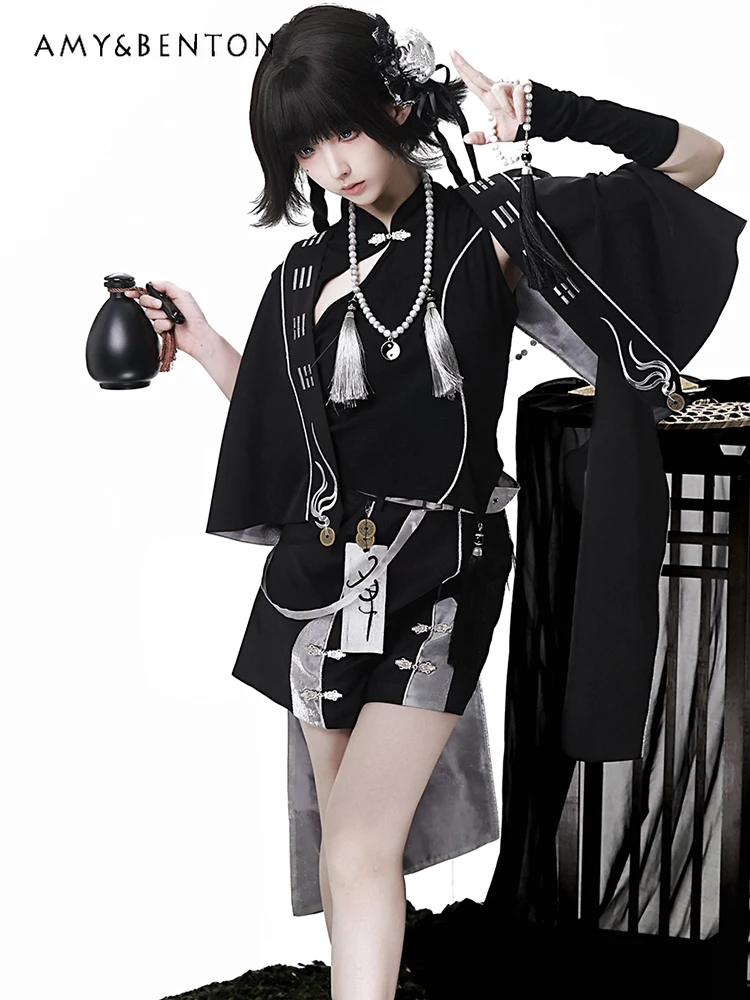 

Court Style Retro Cosplay Goth Dark Lolita Suit Subculture Sweet Cool Hot Girl Splicing Color Sleeveless Top Shorts Shawl Suit
