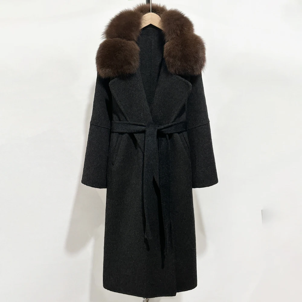 OFTBUY Langer, warmer, eleganter Wintermantel mit Gürtel, neue Damen-Doppelmantel aus Wolle mit echtem Fuchsfellkragen und -manschetten – Detail 8