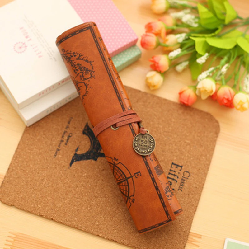 Treasure Map Leather PU Retro Boy Girl Pencil Bag Cosmetic Bag Roll Pen Bag For Student Gifts Stationery Brush Makeup Supplies