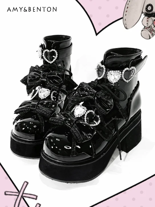 

Original Japanese Mine Series Goth Short Boots Women Sweet Cute Bow Love Rhinestone Lace Mass-produced Pu Leather Platform Shoes