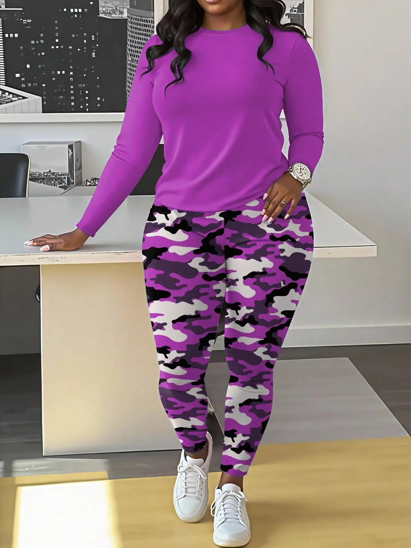 

Фиолетовые камуфляжные леггинсы больших размеров и комплект топа с длинными рукавами для женщин, осенний повседневный наряд