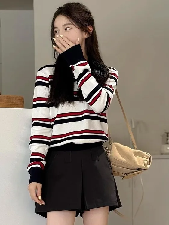 أنيقة كلية Sle المرأة طويلة Sve تريكو Ne مخطط الأعلى الكورية أوائل الخريف Faion فريد زلة الجزء العلوي من الجسم