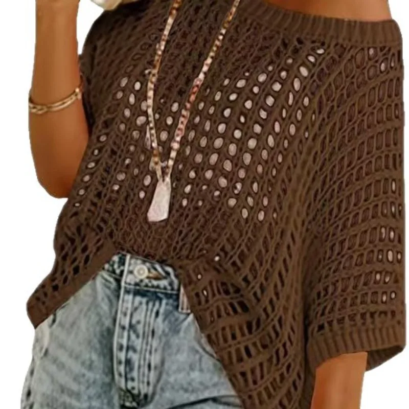 

Летняя сетчатая сексуальная пляжная вязаная блузка с рукавами пять четвертей и вырезом для отдыха, 2026, трансграничная европейская и американская блузка