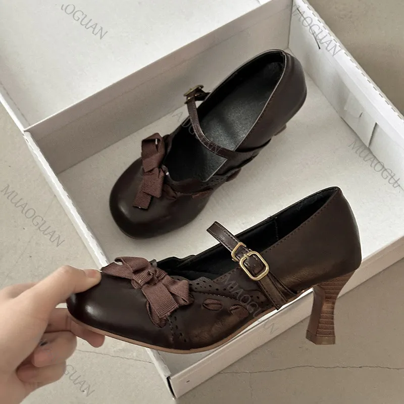 

2026 Spring Women's Fashion Bow High Heels Leather Round Toe Shallow Gentle Retro Pumps Buckle Strap Elegant Dress Heels Women