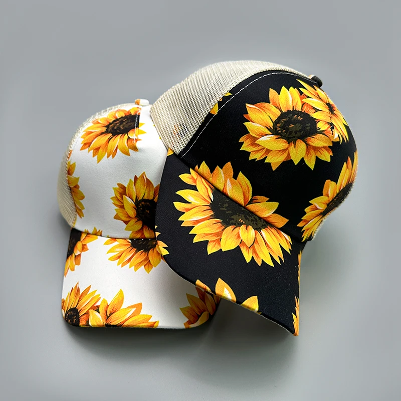 Print Sunflower Chrysanthemum Baseball Hats New Women Breathable Criss Cross Ponytail Sunshade Versatile Fashion Half Mesh Caps