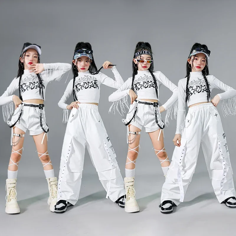 여아용 화이트 태슬 탑 카고 팬츠 수트 연습복 재즈 모던 의류 볼룸 힙합 댄스 의상
