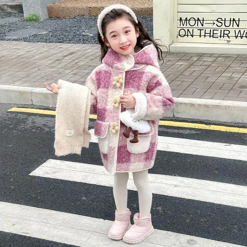

Kawaii повседневное пальто, топы, модная детская одежда, детская новая стильная теплая зимняя шерстяная куртка на флисовой подкладке для девочек