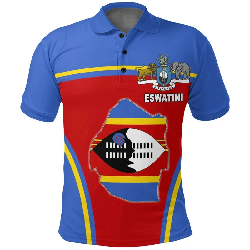 3D Printed Africa Eswatini Map Flag Polo Shirts For Men National Emblem Short Sleeve Oversized POLO Shirt Tee Tops Mens Clothes