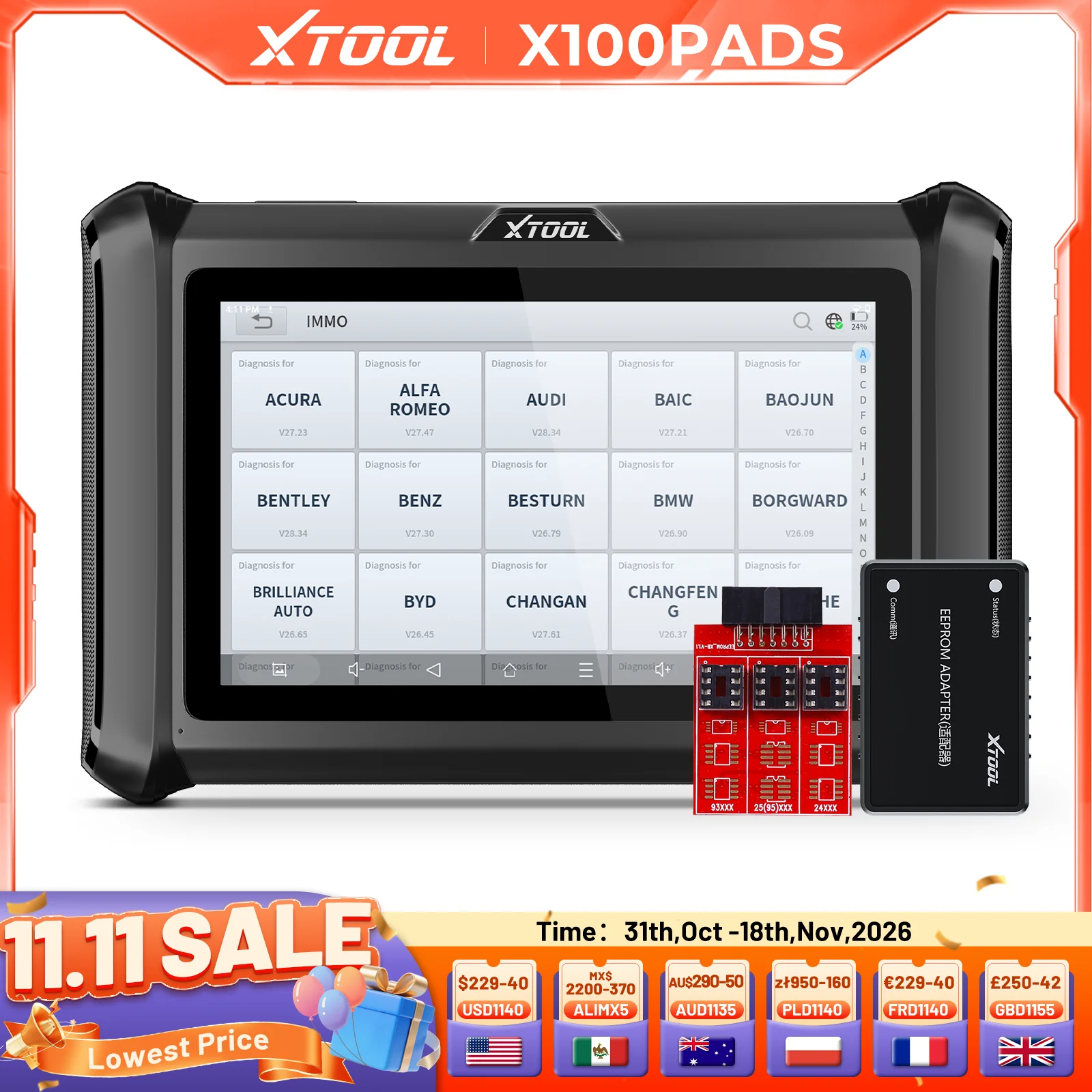 XTOOL X100 PADS V2.0 Key Programmer Automotive Scanner IMMO Read Write Chip All Key Lost OBD2 Diagnostic Tool With CANFD DOIP