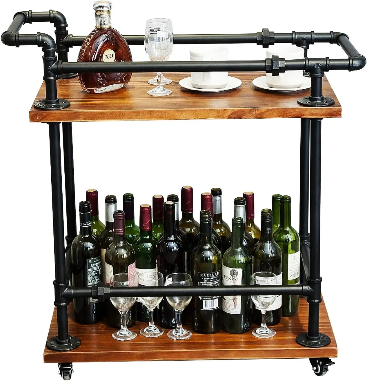 Industrial Bar Serving Kitchen Carts with Wine Rack and Storage on Wheels