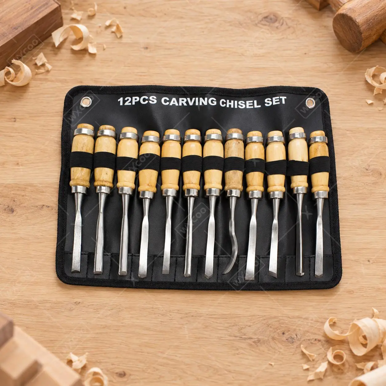 WXCOO Woodworking Chisel Gouge Kit 12PCS Full Size Sharp Wooden Handle Tools with Pouch for Carpentry Projects and Carving Work