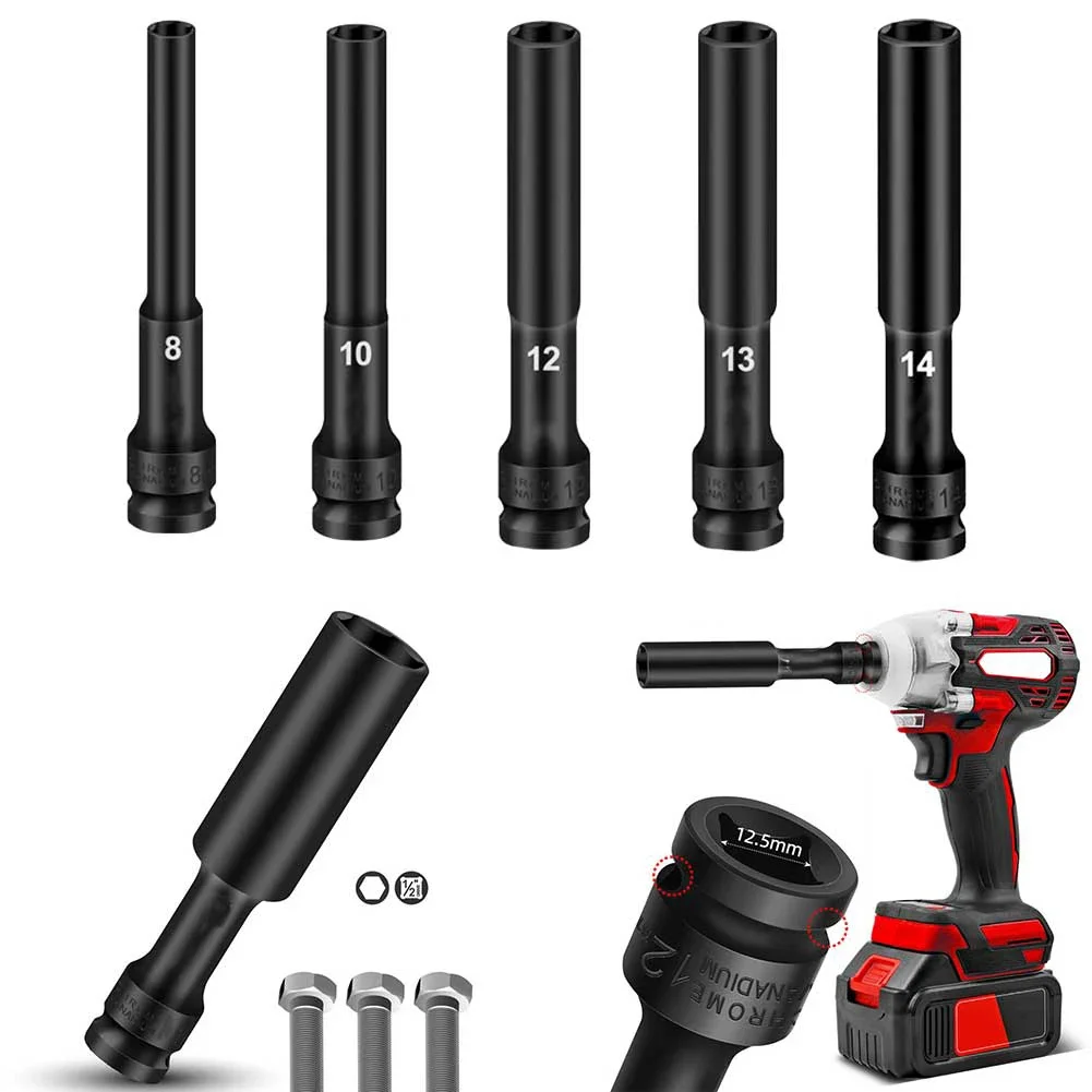 5PCS 1/2 Inch Drive Deep -Impact Socket Extra Deep Bolt Nut Driver Bit 8-14mm Socket Adapter Spanner Converter