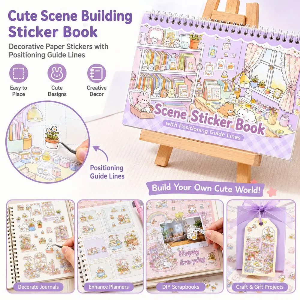 Self Adhesive Scene Building Sticker Book Printed Scenes Cute Cartoon Style Decorative Sticker Book Planner DIY