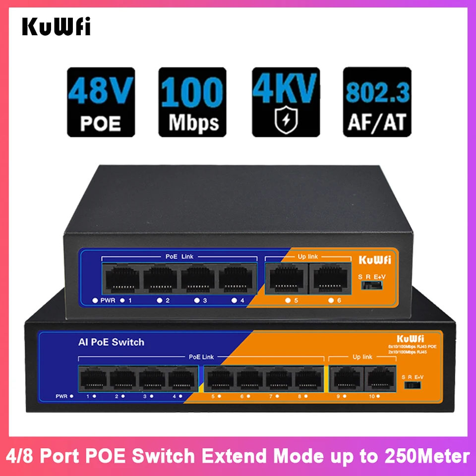 

Коммутатор KuWFi 48V POE с быстрыми портами RJ45, 4/8-портовый POE Ethernet-коммутатор, расширение сети до 250 метров, Plug & Play для IP-камер и систем видеонаблюдения.