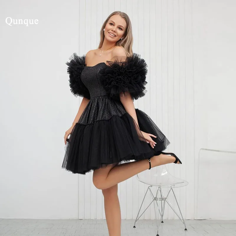 

Qunque Black Beauty Elegant Party Dress Sweetheart Above Knee Prom Dresses Women Puff Sleeves Glitter Cocktail Gowns Customized