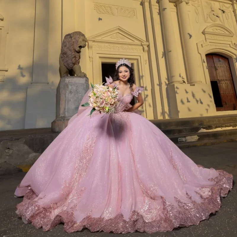 

Shiny Pink Quinceanera Dress off-shoulder Crystal Glitter Decal Long tail Big Bow vestidos de 15 Quinceanera ﻿Customize