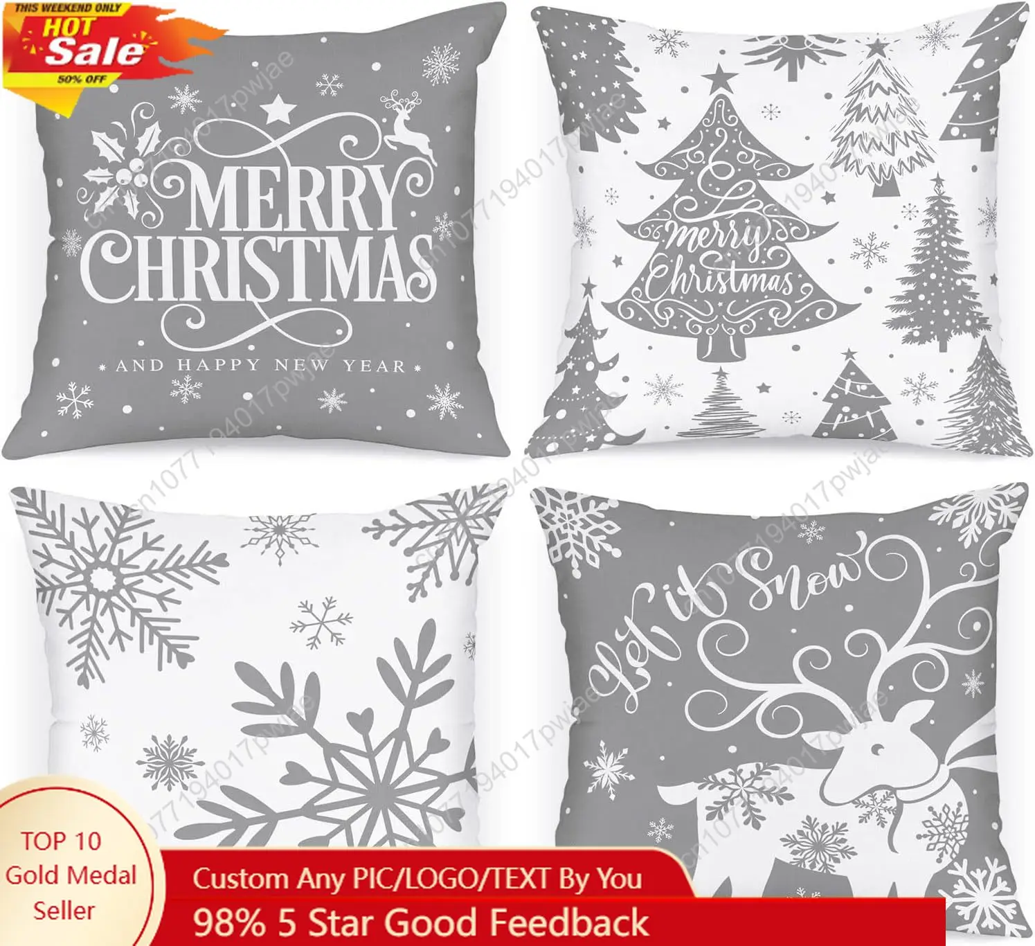 

Lanpn White and Grey 18x18 Christmas Pillow Covers Set of 4, Decorative 18 Inch Gray Winter Snowflake Throw Pillow Case Xmas Cus