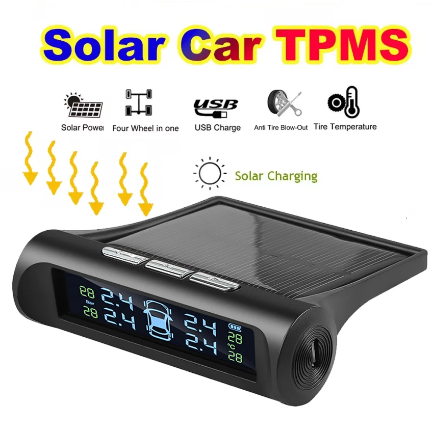 Intelligent TPMS Solar Tire Pressure Monitoring System Temperature Warning With 4 External Sensors Car Tire Air Pressure Gauge