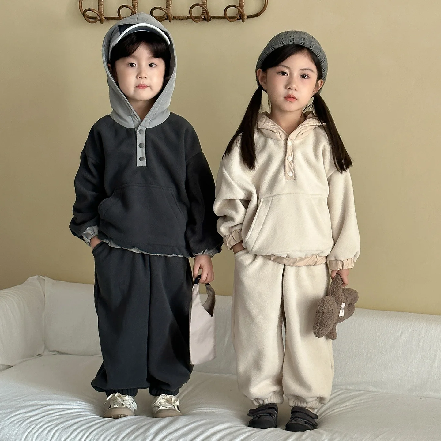

Toddler Kids Girls Two-piece Set Winter Hooded Thicken Infant Baby Girls Sweatshirt Ins Solid Color Casual Children Girls Pants