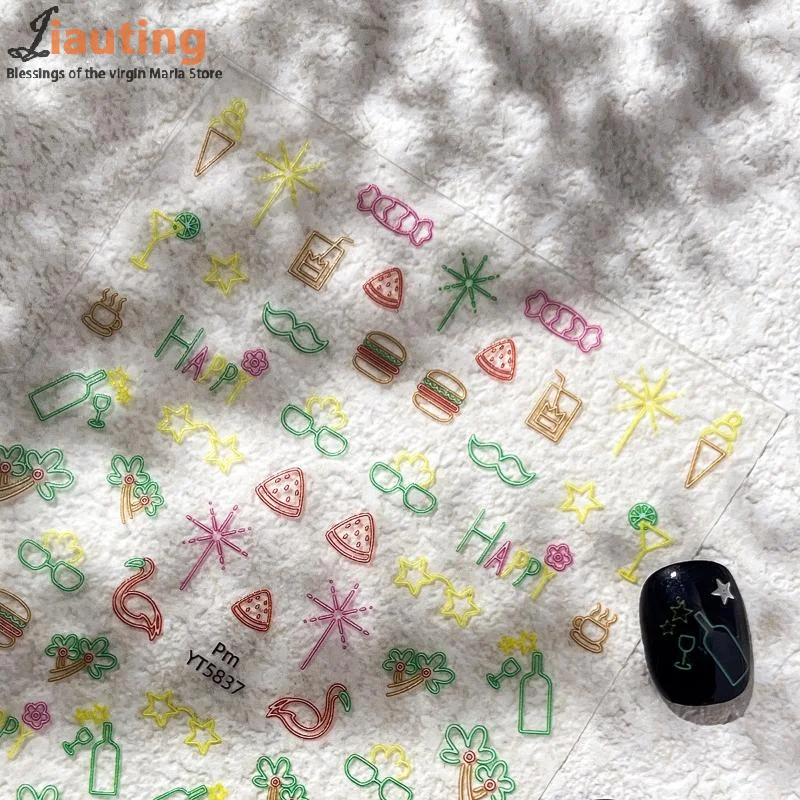 Pegatinas de uñas de estilo de vacaciones, apliques de uñas 3D en relieve, deslizadores adhesivos, accesorios de Arte de uñas de verano, pegatinas, decoraciones para uñas