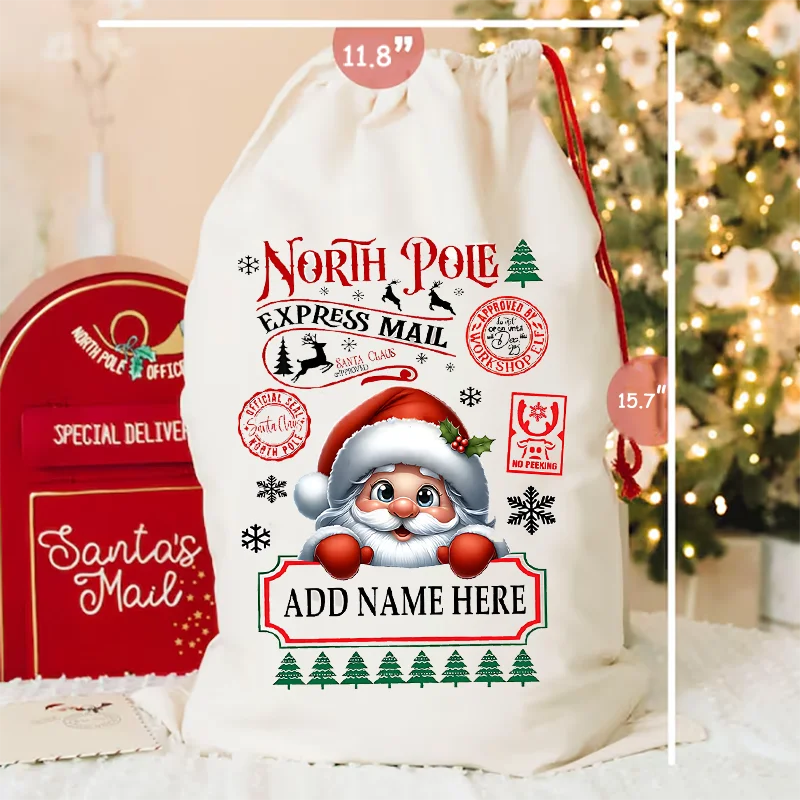 Personalized Christmas Santa Canvas Sack Custom Cartoon and Name Design Drawstring Gift Bag for Christmas Gifts & Decorations