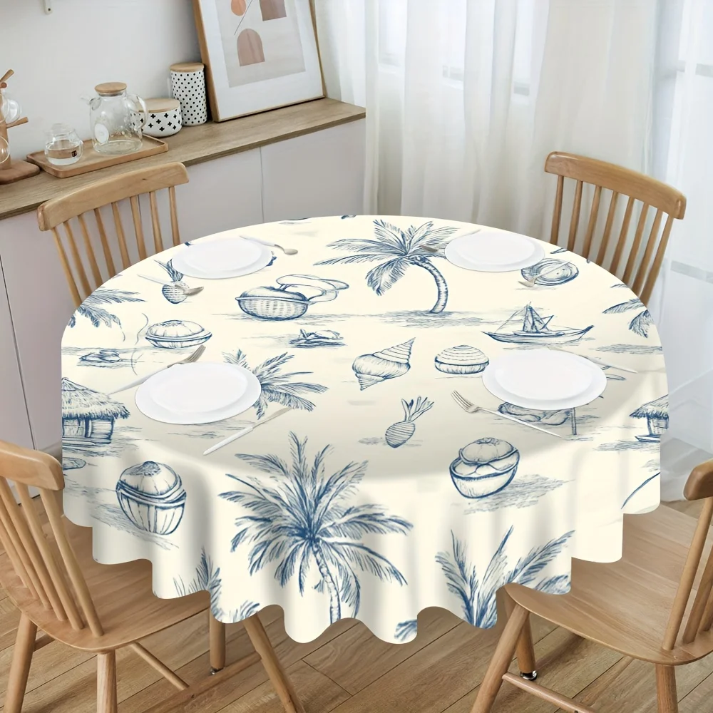 One round tablecloth with an island paradise sketch pattern. It is perfect for your kitchen table.zyc