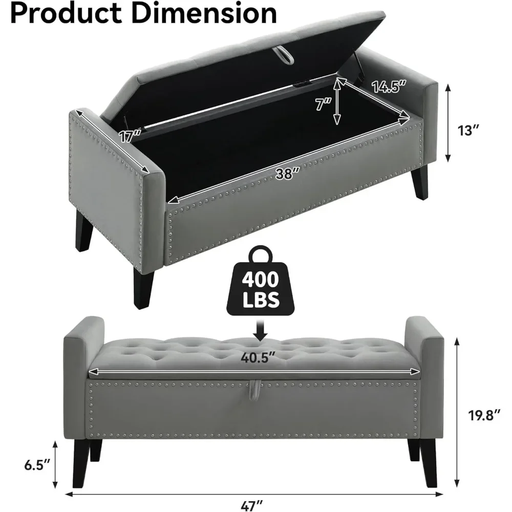 مقعد تخزين مخملي مقاس 47 بوصة، نهاية سرير منجد، أرجل خشبية عثمانية، تخزين جانبي لغرفة النوم، ديكور أثاث المنزل #2