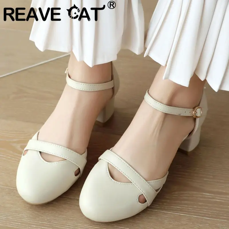 REAVE CAT Design Women Pumps Round Toe Chunky Heels 4cm Buckle Strap Split 33 42 43 Janes Sweet Soft Daily Girls Shoes5