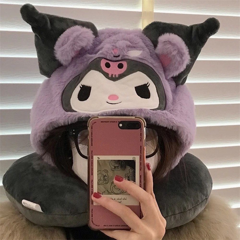 Lovely Sanrio Plush U-shaped Neck Pillow With Hat Kuromi My Melody Pochacco Cinnamoroll Hello Kitty Travel Pillow Hooded Gift