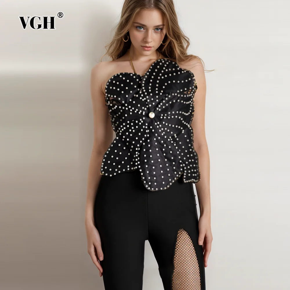 

VGH Sexy Solid Patchwork Pearls Tank Tops For Women Halter Sleeveless Backless Spliced Lace Up Slimming Vests Female Fashion New