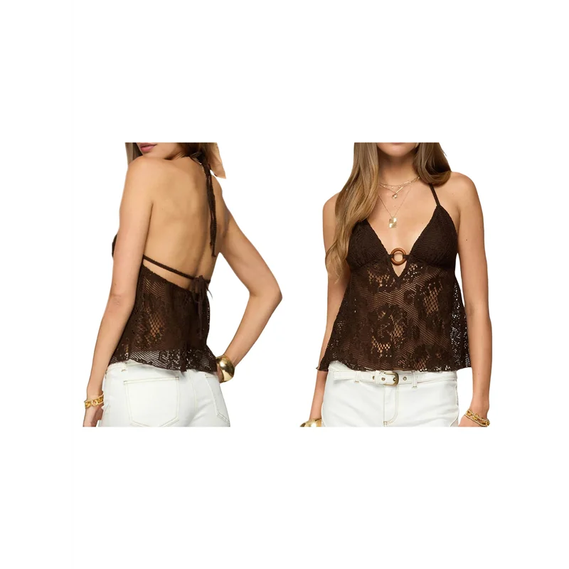 【Party-Decoration】Women Floral Top Boho Halter Babydoll V Neck Backless Hollow Out Summer Sleeveless Streetwear Top