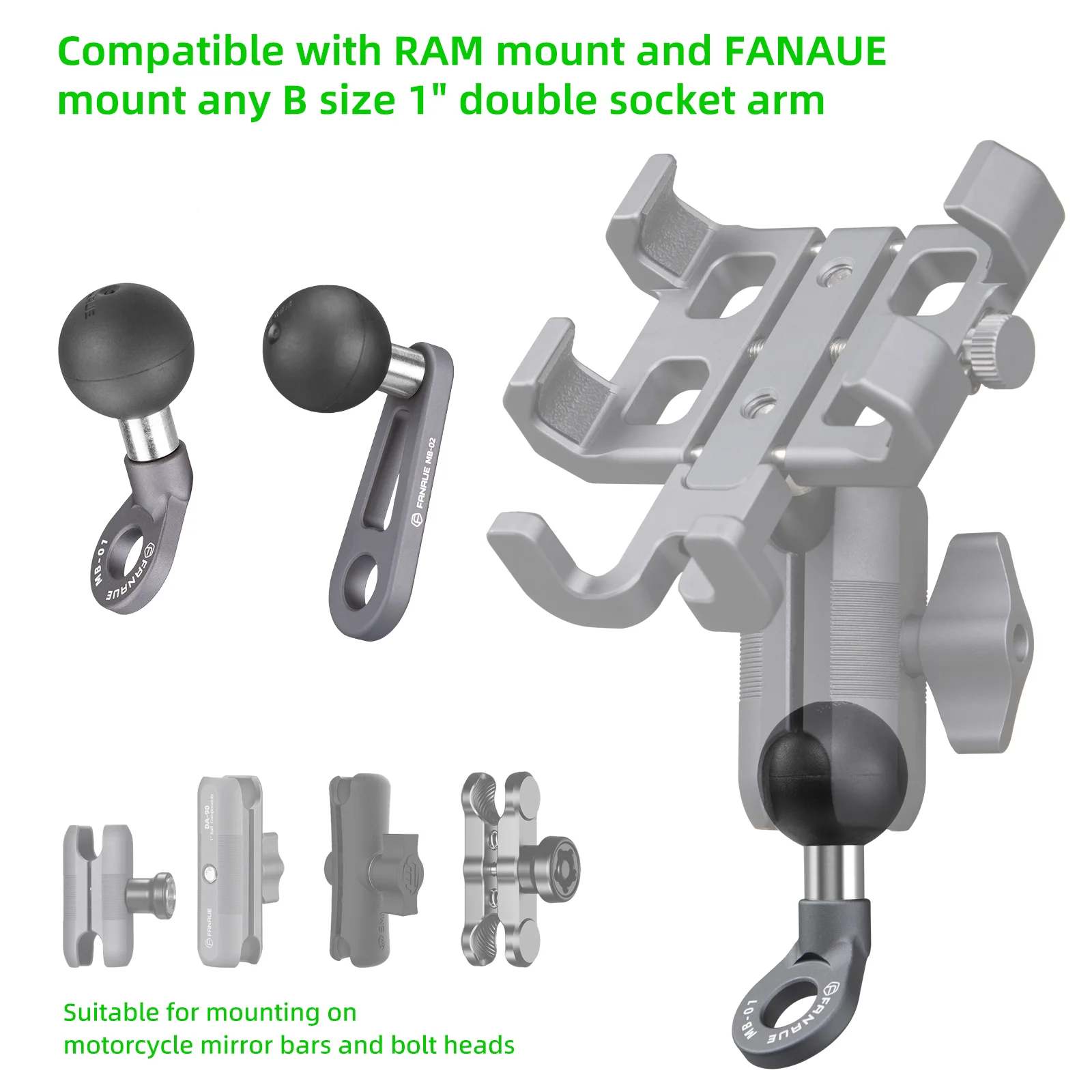 FANAUE Aluminum Alloy Mount Base 10mm Bolt Head Adapter Double Socket Arm RAM B Size 360 Degree Rotation Mobile Phone Holder