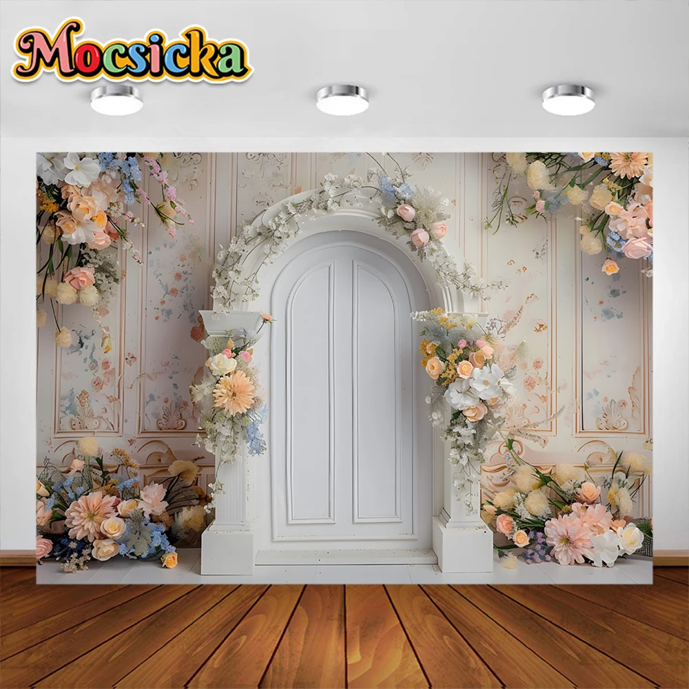 子供のための自由奔放に生きる写真の背景,ヴィンテージのドアの壁,カラフルな花,赤ちゃんの写真の背景,スタジオ写真のアクセサリー