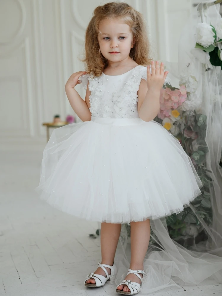 

White Flower Girl Dresses Tulle Puffy Flory Appliques With Pearl Sleeveless For Wedding Birthday Party First Communion Gowns
