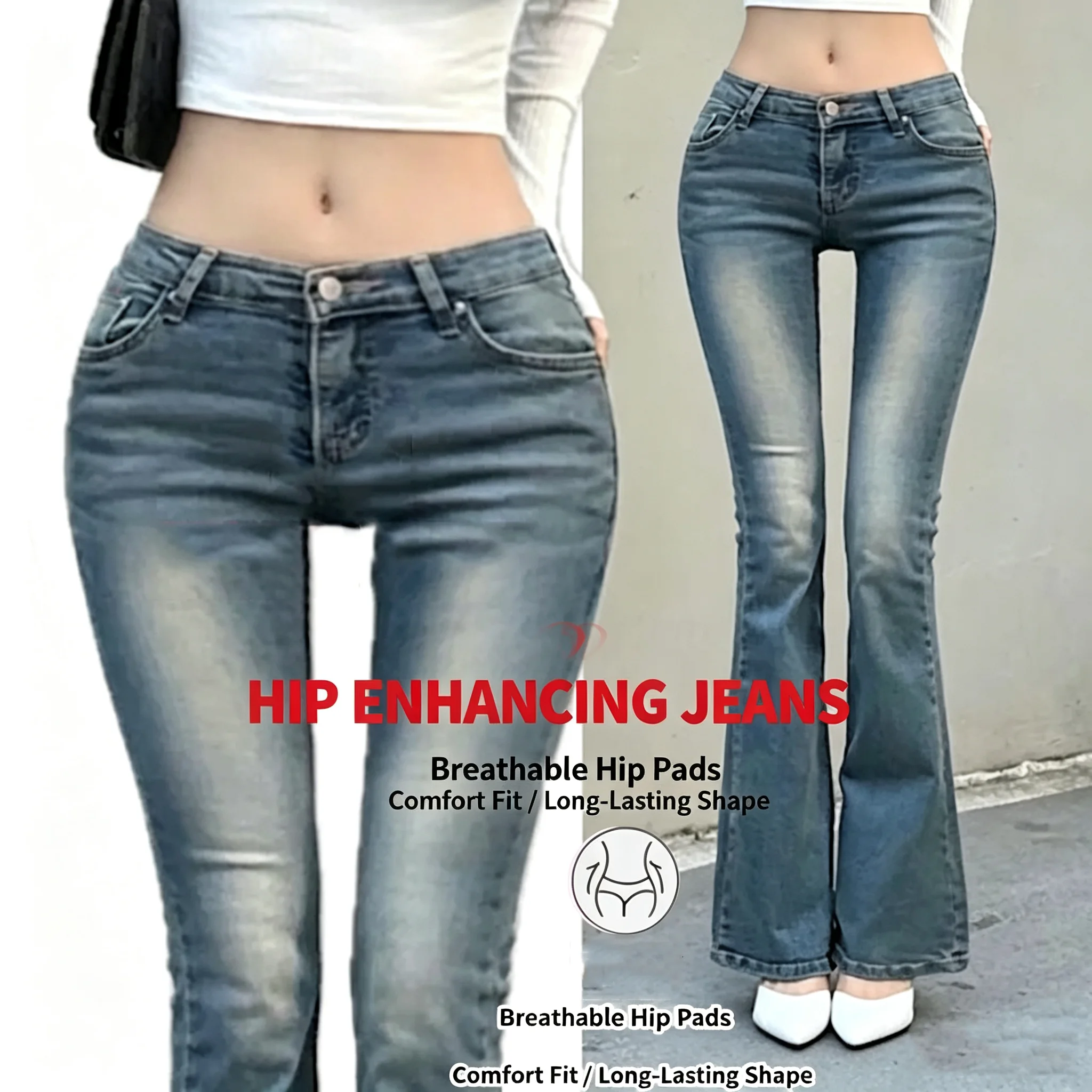 Low Waist Slim Fit High Elastic Skinny Jeans Women's Bell Bottom Denim Pants Retro Washed Cotton Blend Comfortable Breathable