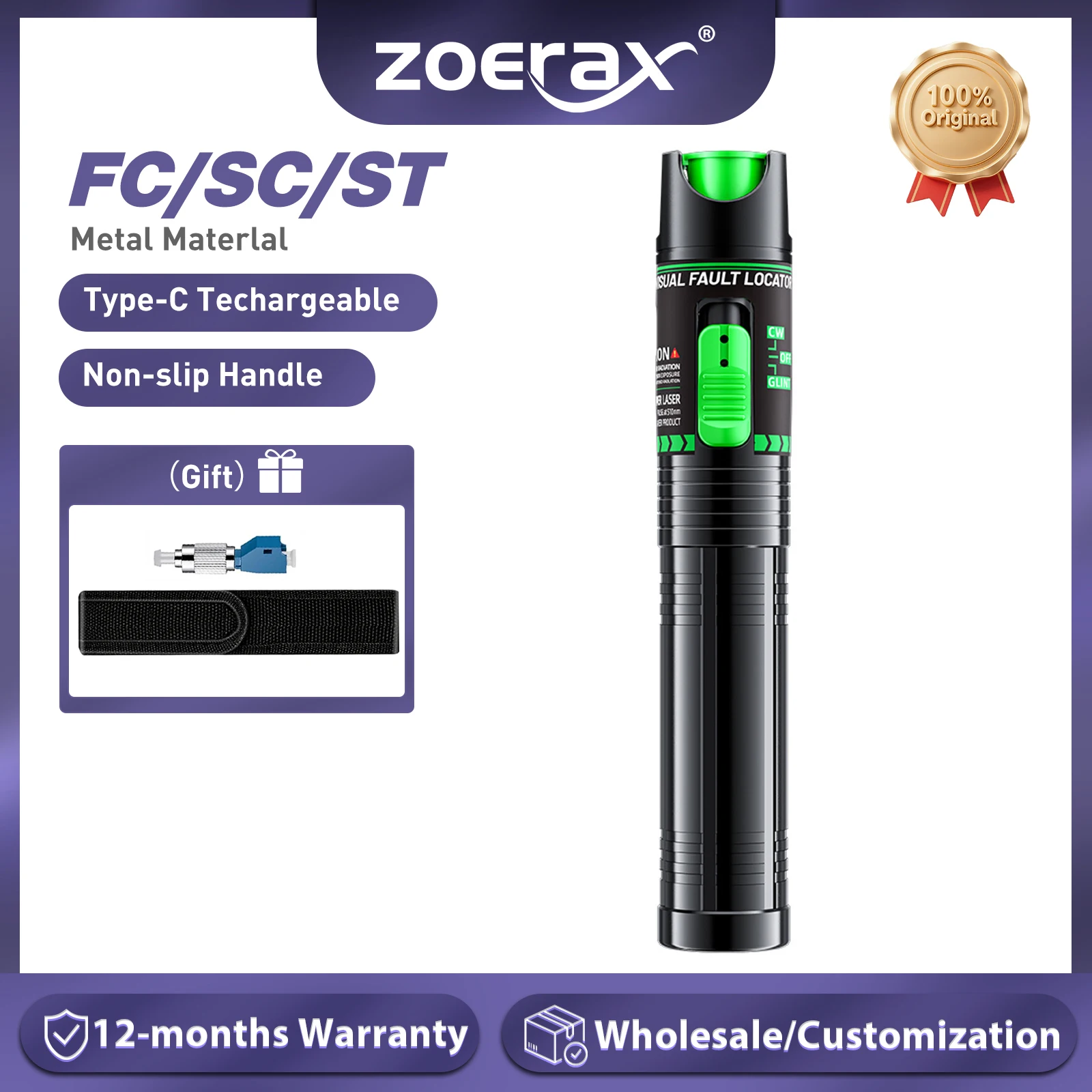 ZoeRax 30/15mW Fiber Optic Visual Fault Locator Recargable FC/LC Adapter Green/Red Light Pen Type-C (5MW Not Include Battery)