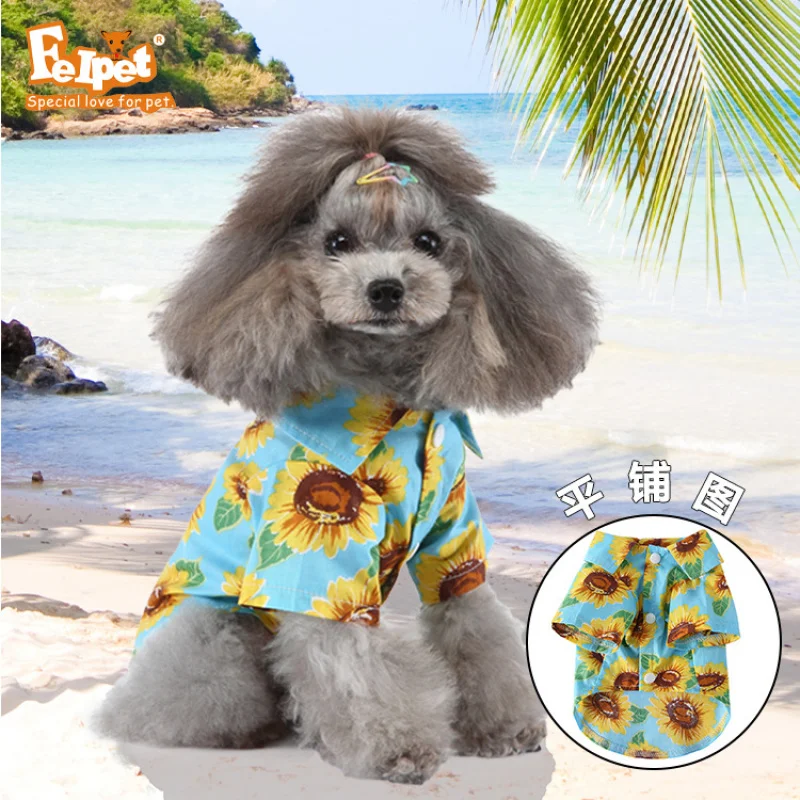 diyHawaiian Pet Dog Shirt Spring/Summer Leisure Hong Kong Style Chrysanthemum Coconut Tree Pet Short Sleeve Shirt