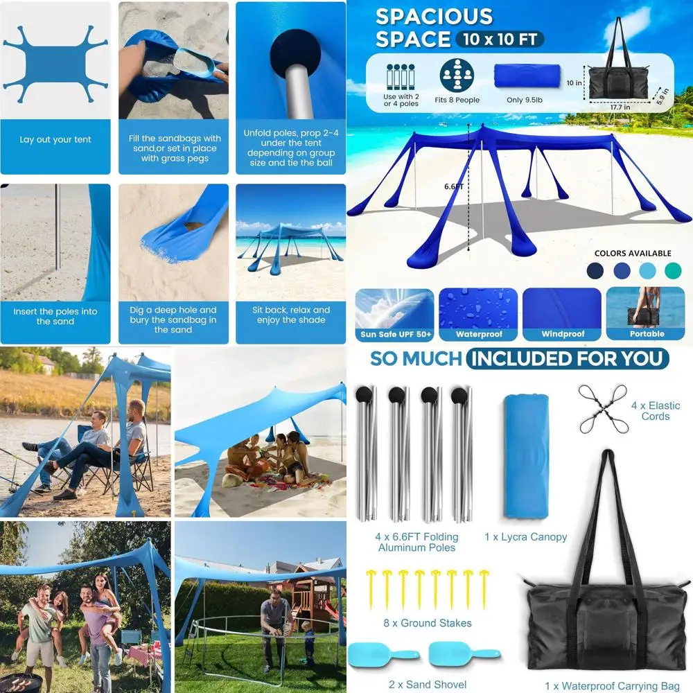 

Портативная пляжная палатка размером 10x10 футов с укрытием от солнца, UPF50+, 8 мешков с песком, 2 лопатами, 4 опоры, колышки, сумка для переноски для активного отдыха