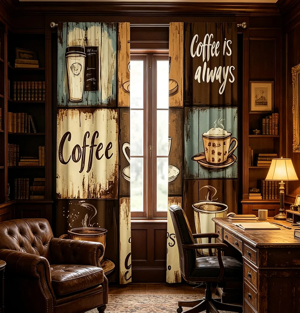 2PCS Digital Printed Curtains, Vintage Coffee Brown Pattern, Warm Cozy Retro Style for Living Room Bedroom Apartment Home Decor
