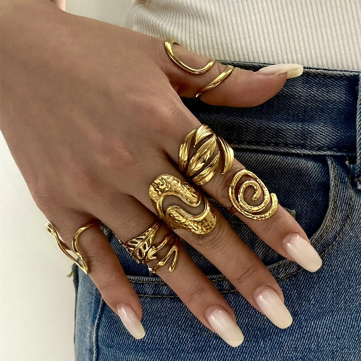 Gold Plated Stainless Steel Open Ring For Women Hammered Vortex Leaves Petal Irregular Geometric Stackable Rings Party Jewelry