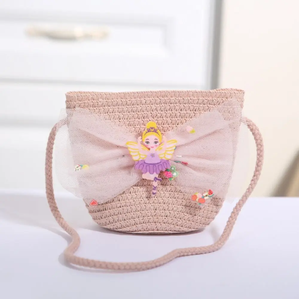 Cartoon Girl Straw Bag Summer Beach Handmade Woven Zipper Kid Messenger Bags Coin Purse Photo Props Crossbody Handbag