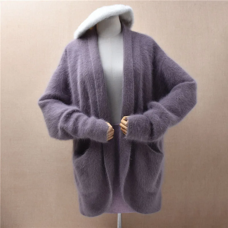 

Top Quality Ladies Women Autumn Winter Fashion Hairy Plush Angora Rabbit Hair Medium Long Sweater Caridgans Mantle Jacket Coat