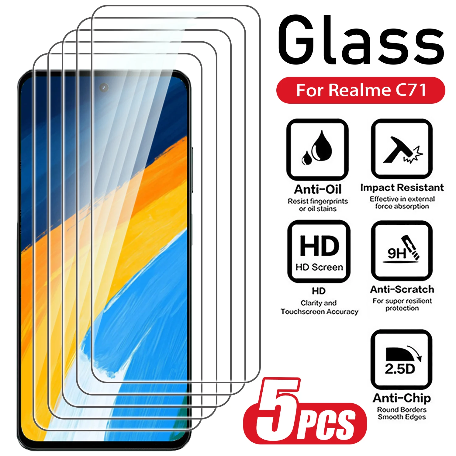 5PCS Screen Protector For Realme C85 C83 C71 C75 C51 C63 C55 C53 C67 C35 C33 C31 C25 C21 C17 C15 C12 C11 C30 C20 Tempered Glass