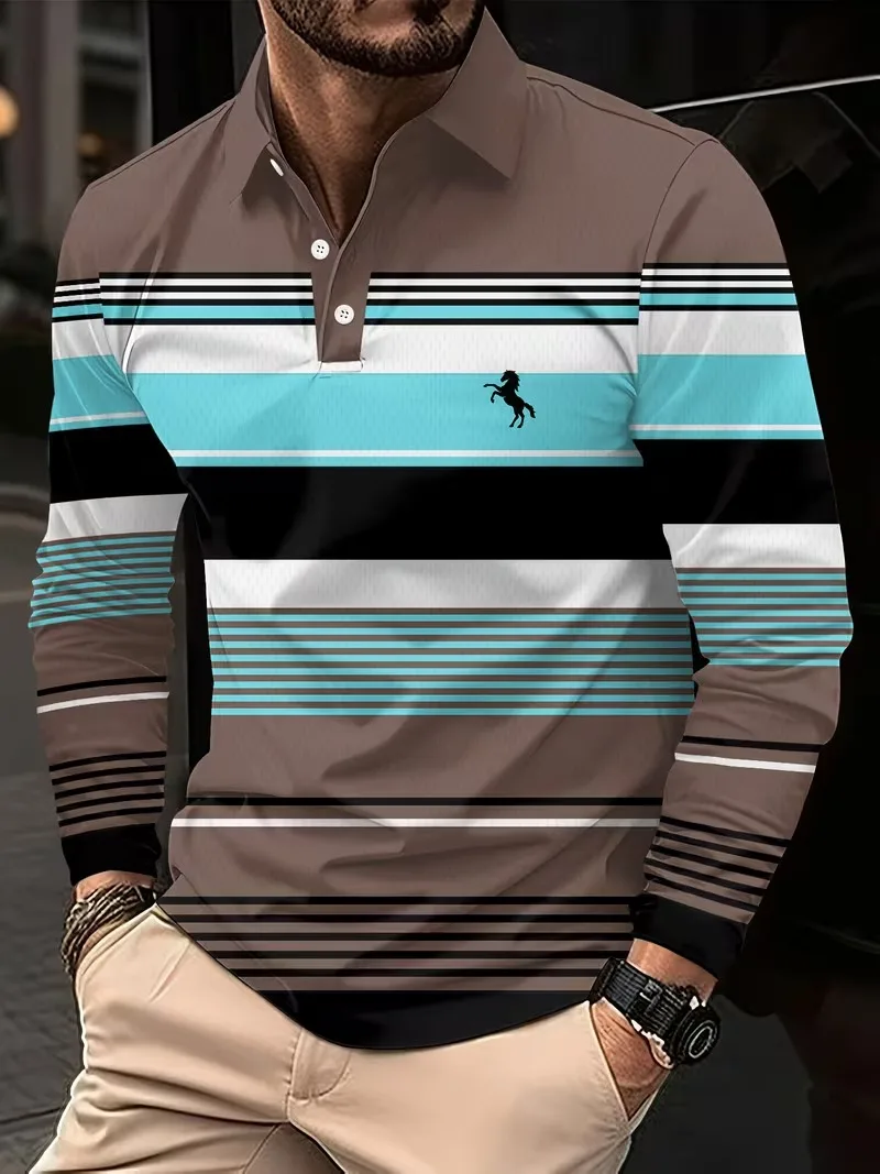 Autumn Winter Polo Horizontal Striped Graphic Men's Long-Sleeved Shirt Polo Sports Outdoor Golf Polo Shirt Casual Men's Clothing