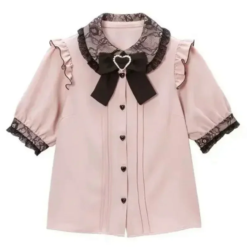 Camisa de manga curta Kawaii Lolita feminina, blusa de renda, blusa estética, todos os jogos, fofo, japonês, verão, Y2k, novo