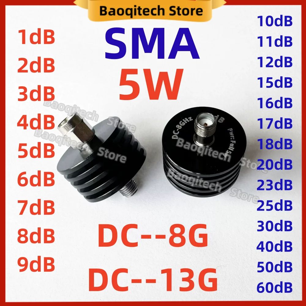 5W SMA coaxial fixed attenuator 1-60dB DC-8G DC-13GHz 1 2 3 5 6 7 8 9 10 11 12 1516 17 18 20/ 23 25 30 40db 50dB 60DB 50ohm