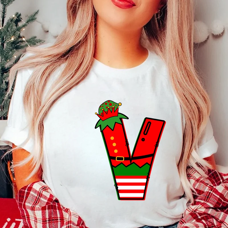 Women’s Christmas Alphabet A-Z Graphic Print T-shirt, Casual Streetwear Tee, Holiday Party Santa Letter Print Female Clothing